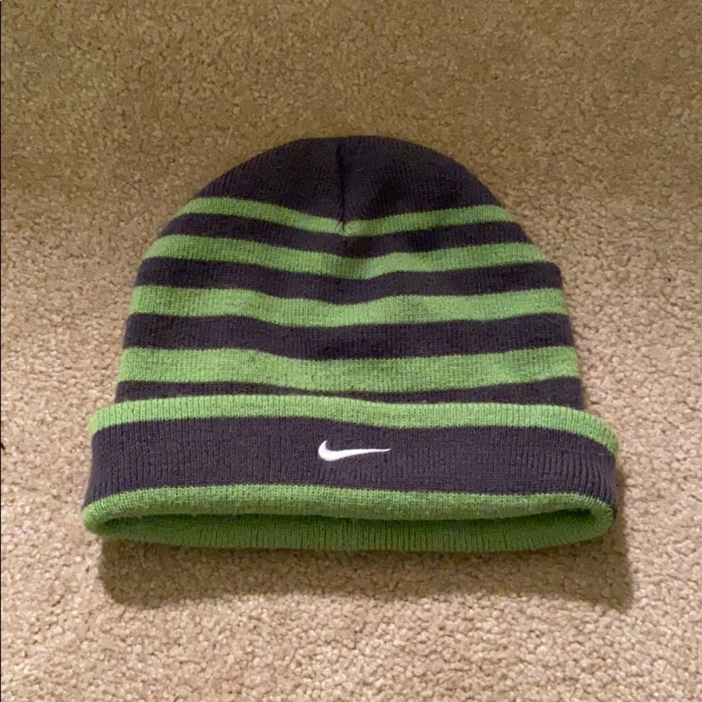 Nike neon green and grey striped beanie